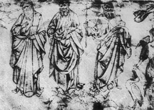 Drie heiligen, reigers, ca. 1431, pen, zilverstift en aquarel op perkament, 18&nbsp;×&nbsp;26,2, Musée Bonnat (Bayonne), inv. 144 (verso)