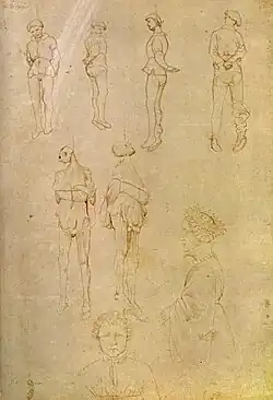 Zes gehangenen, dame in profiel, kind frontaal, ca. 1433-1438, pen en potlood op papier, 28,3&nbsp;×&nbsp;19,3, British Museum (Londen), inv. 1859.9.15.441