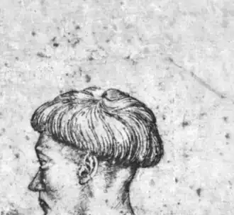 Mannenhoofd in profiel, ca. 1433-1438, pen en inkt op rood papier, 12,5&nbsp;×&nbsp;14,3, Galleria Estense (Modena), inv. 1302r