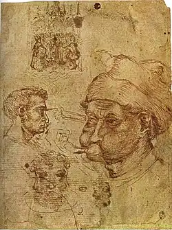 Verloving van Maria (?), twee mannenkoppen, hoofd in driekwart, inv. 2300, ca. 1440-1450, potlood op roze papier, 27,2&nbsp;×&nbsp;20,5