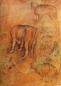 Drie honden en een tribune, inv. 2432r, ca. 1414-1422, pen en inkt op papier, 25&nbsp;×&nbsp;18