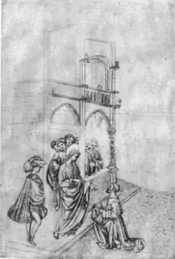 Johannes de Doper (?) die een pelgrim ontvangt, inv. 2541r, ca. 1431, pen en sporen van zilverstift op perkament, 27,4, 19,5