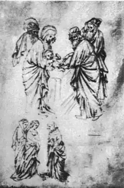 De besnijdenis en de visitatie, ca. 1431, zilverstift op perkament, 26&nbsp;×&nbsp;18, Louvre (Parijs), inv. 421r