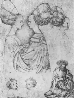 Verso: Drie vrouwen, twee putti en een evangelist, ca. 1433-1438, zilverstift en aquarel op perkament, 21,7&nbsp;×&nbsp;14,8, Louvre (Parijs), inv. Rotschild v