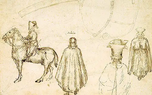 Recto: Ruiter en andere figuren, sabelschede, ca. 1438, pen en inkt op papier, 18,5&nbsp;×&nbsp;26,4, Art Institute of Chicago