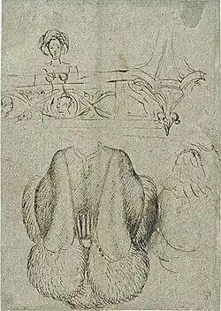 Vrouw bij een balustrade, bontjas, inv. 2275r, ca. 1433-1438, pen en sporen van potlood op grijs papier, 24,7&nbsp;×&nbsp;17,4