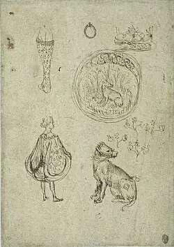 Been, medaille, page, hond, ornamenten, inv. 2277, ca. 1446-1447, pen en inkt op papier, 27,7&nbsp;×&nbsp;19,7