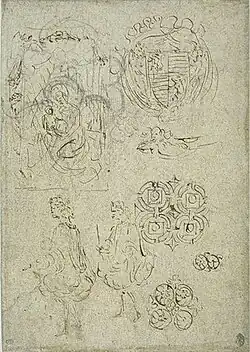 Maria met Kind, twee pages, schild en ornamenten, inv. 2278, ca. 1446-1447, pen en sporen van zwart potlood op papier, 27,7&nbsp;×&nbsp;20