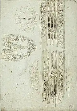 Bouwkundige motieven, leeuwenkop, inv. 2290r, ca. 1433-1438, pen en inkt op papier, 29,3&nbsp;×&nbsp;20,2