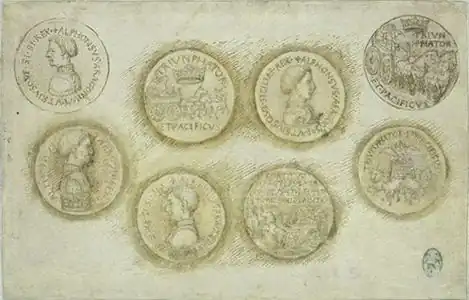 Acht medailles, inv. 2317, ca. 1449, pen en bister op perkament, 10&nbsp;×&nbsp;15,2