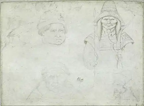 Vijf mannenkoppen, inv. 2325, ca. 1433-1438, zilverstift op perkament, 17,5&nbsp;×&nbsp;23