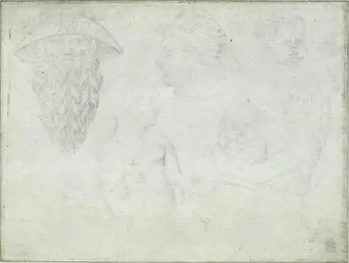 Twee hoofden van een man, twee hoofden van een kind, twee vrouwenfiguren, inv. 2326, ca. 1433-1438, zilverstift op perkament, 18,1&nbsp;×&nbsp;23,6