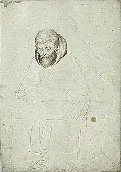 Zittende monnik met een boek, inv. 2332r, pen en inkt op papier, 27,2&nbsp;×&nbsp;19,4