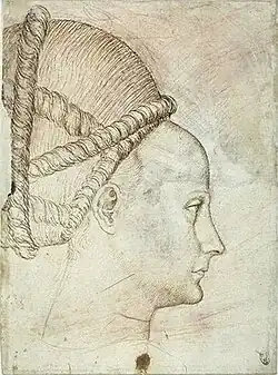 Vrouwenhoofd in profiel naar rechts, inv. 2343r, ca. 1433-1438, pen en potlood op rood papier, 24,5&nbsp;×&nbsp;18,2