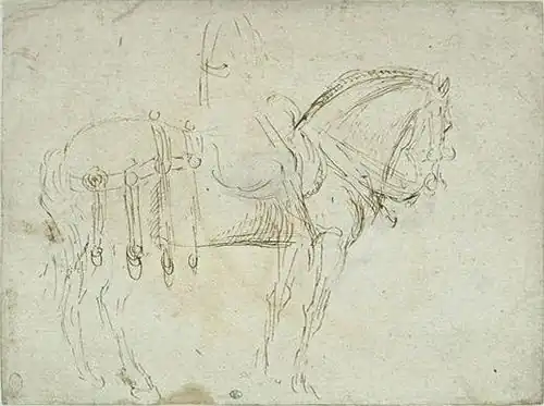 Paard en ruiter in profiel, inv. 2368r, ca. 1433-1436, pen en sporen van potlood op roze papier, 19,5&nbsp;×&nbsp;26