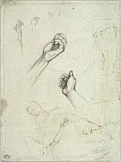 Kruisiging, handen, schets van een galg, inv. 2368v, ca. 1433-1436, pen en sporen van potlood op roze papier, 19,5&nbsp;×&nbsp;26