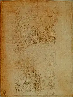 Figuren en dieren in een berglandschap, inv. 2594r, ca. 1446-1447, pen en inkt op rood papier, 24,2&nbsp;×&nbsp;17,9