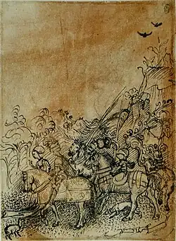 Ruiters in een berglandschap, inv. 2595 v, ca. 1446-1447, pen en sporen van potlood op rood papier, 25,6&nbsp;×&nbsp;19