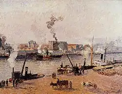 Havengezicht te Rouen, 1896, waarin de pointillistische techniek alweer minder expliciet is