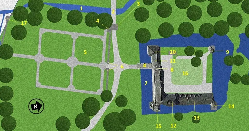 Plattegrond van kasteel van Acoz en aangelegen tuin