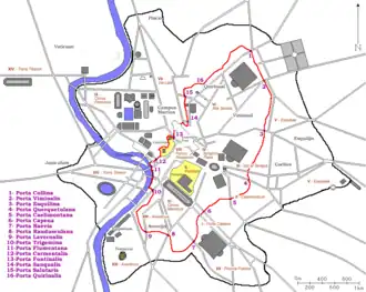 Locatie van de Muur van Servius Tullius (rood) en de stadspoorten (paars) in de oudheid