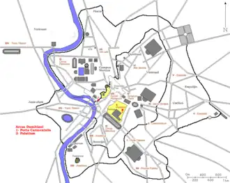 Locatie van de twee bekende bogen van Domitianus (in rood)