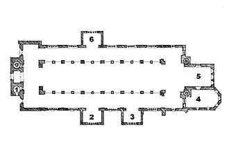 1. Kapel van de Relikwieën; 2. Kapel van de Maagd; 3. Kapel van het Heilig Sacrament; 4. Sint-Sebastiaankapel; 5. Koor; 6. Kapel aan de noordkant.