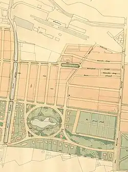 Uitsnede van een ouder deelplan van het Plan van uitleg uit ca. 1900 met de Rivierenbuurt waarin onder meer aan zuidzijde een groot park met villa's en een centrale vijver staat ingetekend. Op het zuidelijke deel hiervan werd in de jaren 1960 de zuidelijke ringweg aangelegd. Ook staat een parkje ingetekend aan westzijde van de Rabenhauptstraat. Vanuit de latere Parkweg lopen een groot aantal straten naar het zuiden. Hiervan werd alleen de Rijnstraat gerealiseerd.