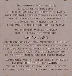 Plaquette voor Rose Valland, Musée du Jeu de Paume