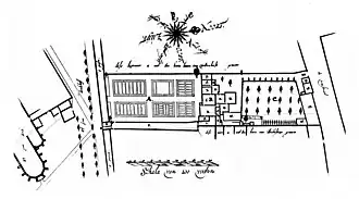 Het voormalige claustrale huis in 1658. De geplande Boothstraat loopt van links naar rechts boven de kaartschaal (de 'stippels' links zijn bomen op het Janskerkhof) .