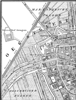 Plattegrond uit 1874 (detail). De stad strekt zich ten westen niet uit voorbij de 'Morsch poort'