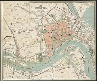 Kaart van Rotterdam, door J. Oprel, uitgegeven in 1884. Bebouwingsgrens is de Westersingel, zuidelijke Agniesebuurt, Crooswijksestraat en Nieuwe Plantage. De Maasbruggen, Spoorweghaven en Binnenhaven zijn aangelegd. Bebouwing Noordereiland is in ontwikkeling.