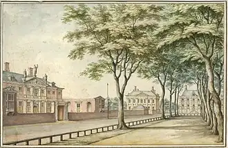 1690: Plein met links het Huygenshuis, rechts van het midden het Mauritshuis en uiterst rechts het huis van graaf Lodewijk Adriaan van Nassau-Odijk