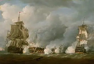 The HMS Defence tijdens de zeeslag op de 13e Prairial vanaf de HMS Pegasus, 1 juni 1794 (1811), National Maritime Museum
