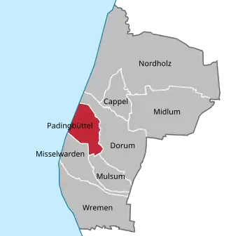 Ligging Padingbüttel in de gem. Wurster Nordseeküste