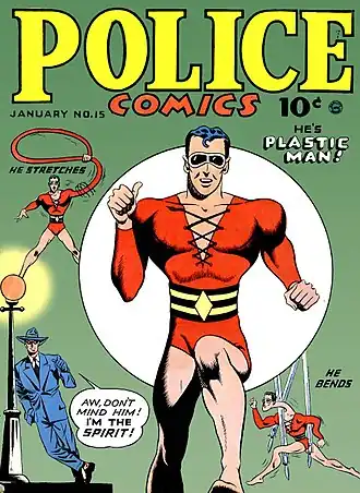 Plastic Man en The Spirit op cover van Police Comics, volume 1, #15, januari 1943.