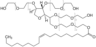 Structuurformule van polysorbaat 80 (met w + x + y + z = 16)