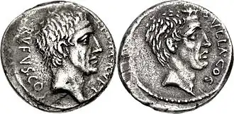 Denarius van Quintus Pompeius Rufus met het hoofd van Q. Pomponius Rufus (RVFVS·COS - Q·POM·RVFI) op de keerzijde en het hoofd van L. Cornelius Sulla op de voorzijde (SVLLA·COS).