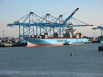 Mærsk containerschip in behandeling in de voorhaven.