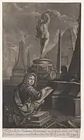 Adriaan Beverland tekent een standbeeld van Venus. Prent van Isaac Beckett.(1687)