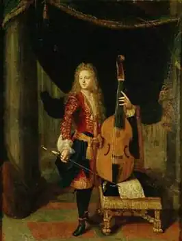 Johannes Schenck met viola da gamba op een schilderij van Constantijn Netscher