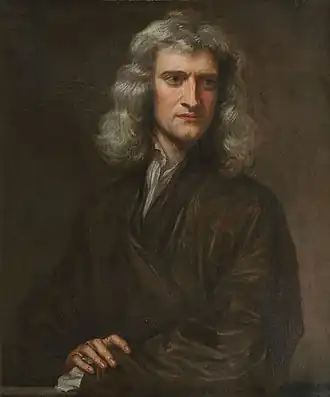 Portret van Isaac Newton Newton als 46-jarige, mogelijk een geïdealiseerd en geromantiseerd portret.[1] 1689, Godfrey Kneller, Isaac Newton Institute (Cambridge)