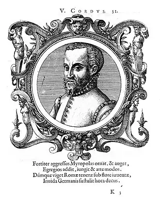 Portret van Cordus in Johannes Sambucus (János Zsámboki), Icones veterum aliquot ac recentium medicorum philosophorumque, Antwerpen, 1574, het enige vermoedelijk enigszins betrouwbare portret dat van hem bestaat