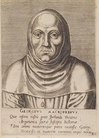 Portret van Macropedius door Philip Galle (1572), gedicht door Benito Arias Montano