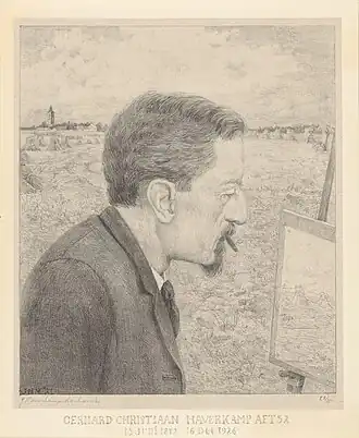 Portret van Gerrit Haverkamp bij schildersezel door Johanna Machwirth