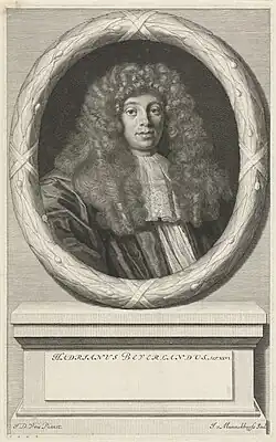 Portret van Adriaan Beverland door Johannes Willemsz. Munnickhuysen. ((1676-1680). Het gezicht van Beverland is vrijwel identiek getekend als op het schilderij van Ary de Vois.