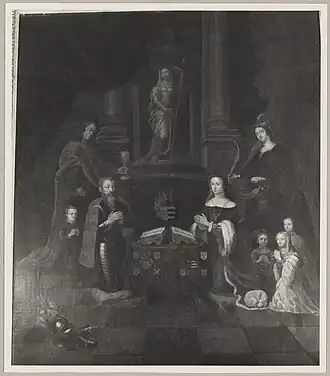 Familieportret van Gijsbert van Hardenbroek en Mechteld van Raephorst met achter vader Gijsbert, Joost van Hardenbroek.