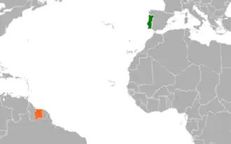 Kaart met daarop Portugal en Suriname
