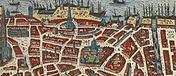 Op deze kaart van Antwerpen uit 1598 van Georg Braun en Frans Hogenberg is het Predikherenklooster te herkennen onder nr 8