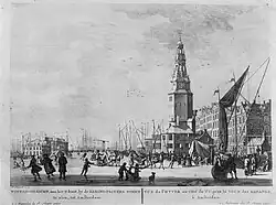 18e-eeuwse prent met de Nieuwe Haarlemmersluis (links) en Haringpakkerstoren